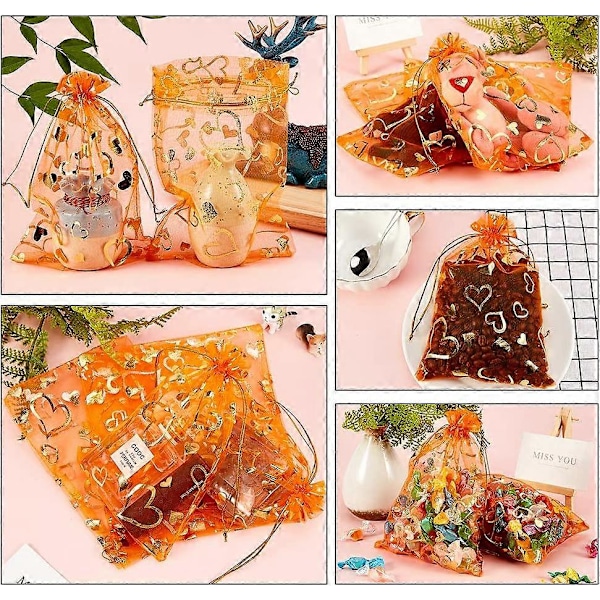 100 STK 5x7 Tommer Hjerteprintet Mørk Orange Organzaposer Smykkeposer Organza Snøreposer Bryllupsgaver Pose Slik Gaveposer