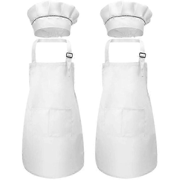 12-delad förklädes- och kockhattsset, justerbart barnförkläde med fickor (vit, lämplig för 2-6 år)