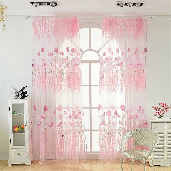Glitter Blomst Blad Print Voile Gardiner Blyantfold Tynde Tyl Gardiner Panel Vinduesbehandling til Stue Piger Børneværelse