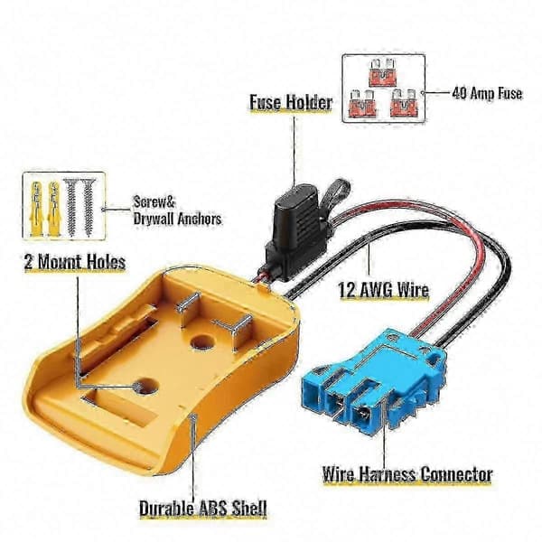 20V batteriadapter med ledningsnet og 40A sikring til Power Wheels & Peg Perego Ride-Ons Yellow