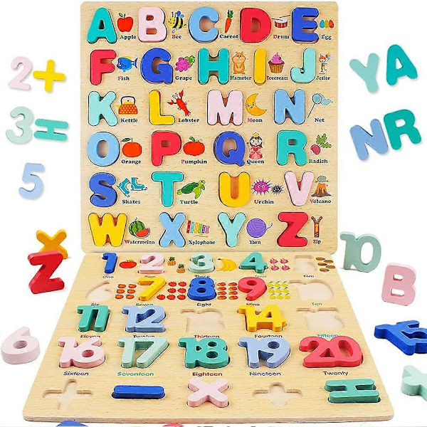 Träpussel för småbarn, 2-pack överdimensionerade träpussel med ABC-alfabet och siffror, formpussel 1-6 år, förskolepedagogiska pusselbokstäver för inlärning