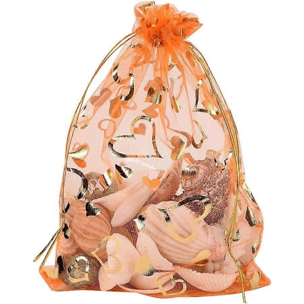 100 STK 5x7 Tommer Hjerteprintet Mørk Orange Organzaposer Smykkeposer Organza Snøreposer Bryllupsgaver Pose Slik Gaveposer