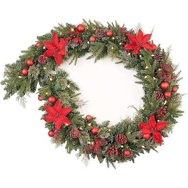 9ft Ferdigbelyst Julekrans, Julevinranke Kunstig Blomstervinranke, 50 LED-lys med Timer, Batteridrevet, Egnet for Innendørs og Utendørs Bruk