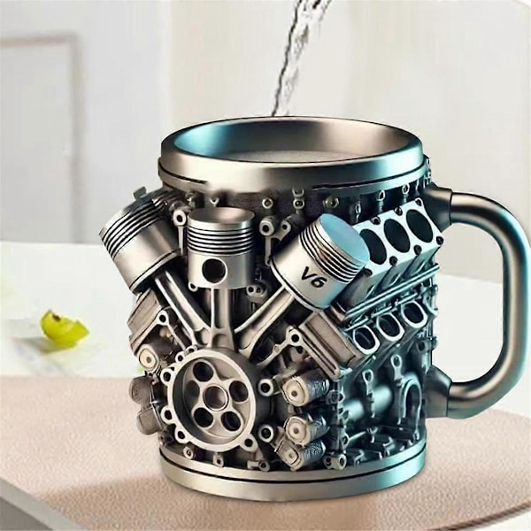 V6 Motorer Rustfritt Stål Kopp Kaffekrus, Bilmotor Kaffekopp med Isolert Håndtak for Bilentusiaster