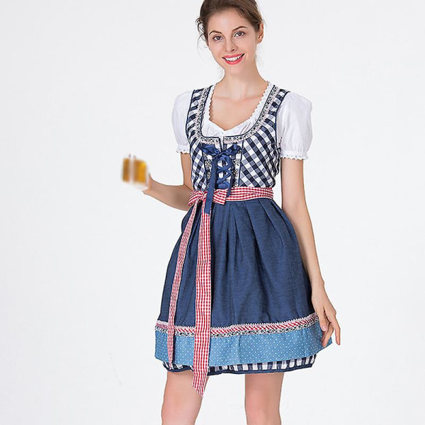 Traditionell Dirndl Oktoberfest Kostym Beerfest Pubar Wench Plädklänning Förkläde Cosplay Carnival Halloween Fancy Party Dress Navy XL