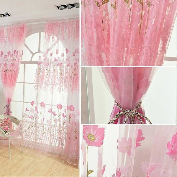 Glitter Blomst Blad Print Voile Gardiner Blyantfold Tynde Tyl Gardiner Panel Vinduesbehandling til Stue Piger Børneværelse