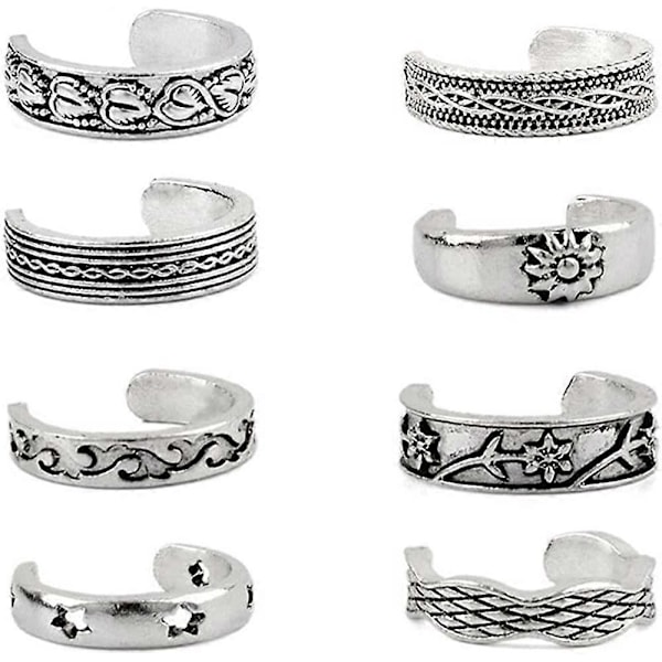 8 stk. Sølv Tåringer Pakke for Kvinner Åpne Tå Fingerringer Sett for Tenåringsjenter Fotringer Boho Smykker for Sommersandaler Strand Hennes Gave