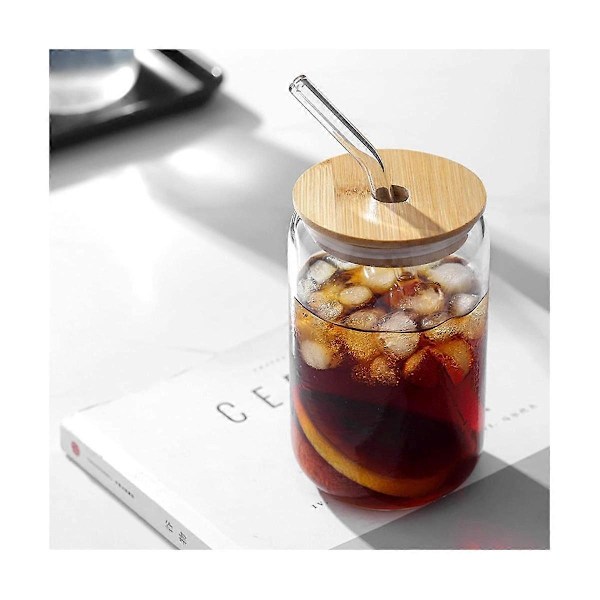 Drikkeglas med bambuslåg og 2 stk. sæt, 16Oz dåseformede glaskrus med låg og sugerør, Bi