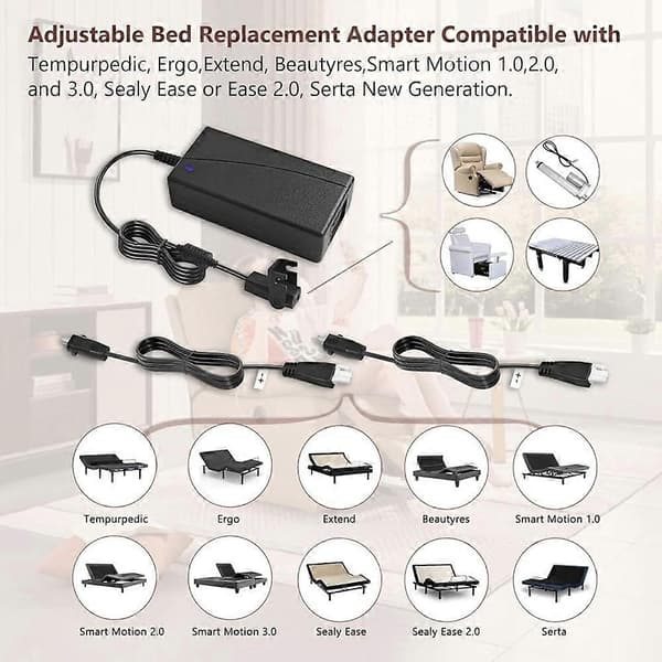 Justerbar sengebunn strømforsyningsadapter, elektrisk seng reservedeler strømledning sett for Ergo, Extend, Sealy EU-plugg Black Eu plug