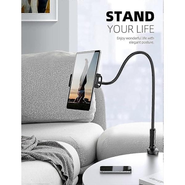 Svanehals Tablet Holder til Seng - Fleksibel Tablet Arm Klemme til Seng Kompatibel - Sort