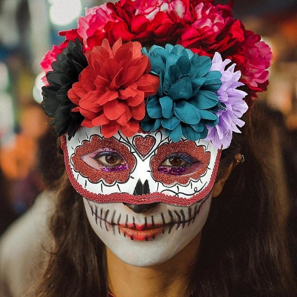 Day Of The Dead Face Cover Sugar Skull Blommor Dekor Halv Masque Halv Face Cover Prydnadskläder Tillbehör för Halloween-fest Red