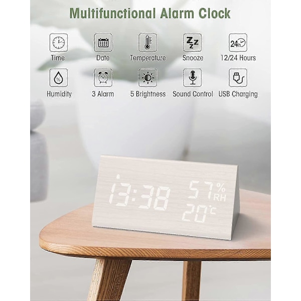 Digital väckarklocka i trä, digital klocka med snooze/datum/temperatur och luftfuktighet - Vit