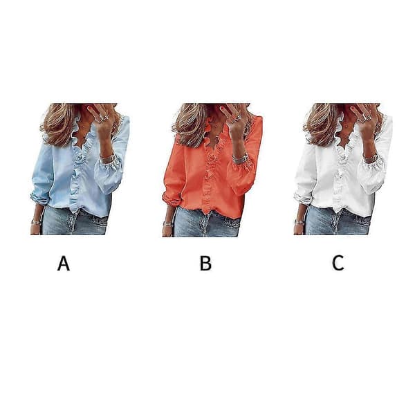 Solid Mote Uformell Ruffle Pullover Tunika V-hals Dame Bluse Løs Langermet