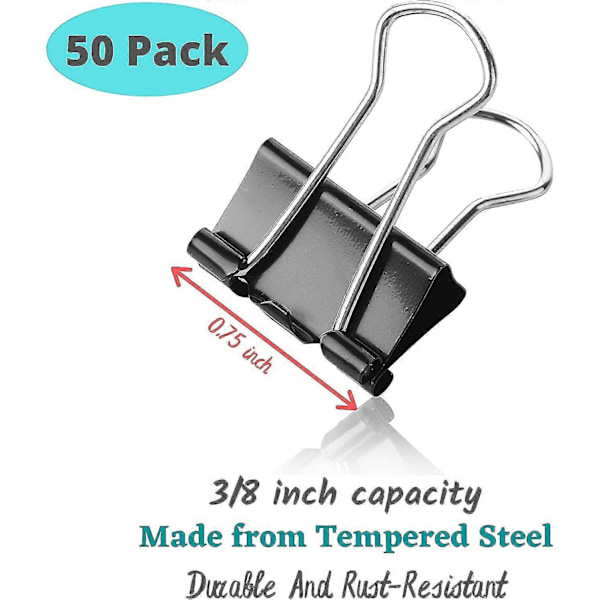 Binderclips, Små binderclips, 50 stk., 1,9 cm, Sort, Små clips, Papirbinderclips, lille størrelse, små papirclips