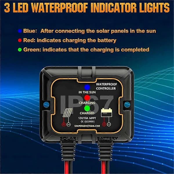 Vandtæt 10A 12V Solar Charge Controller, Bærbar Intelligent til AGM, Gel & Lithium Batteri Support Panel