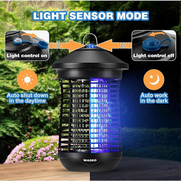 Myggdreperlampe med lyssensor, WADEO 4000V 20W UV Elektrisk Insektdreper Anti-insektmiddel, Effektiv rekkevidde 100 kvadratmeter, Egnet f
