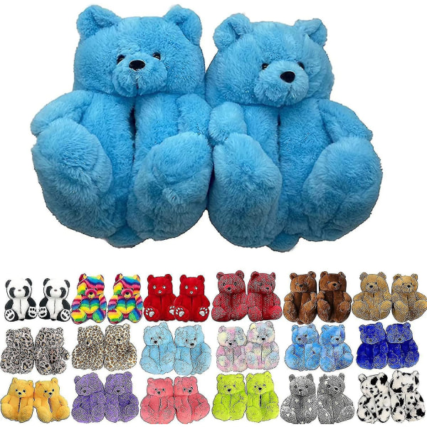 Teddy Bear Tofflor Dam Plysch Animal Tofflor Varma vinterskor Fuskpäls Anti Slip M Blue