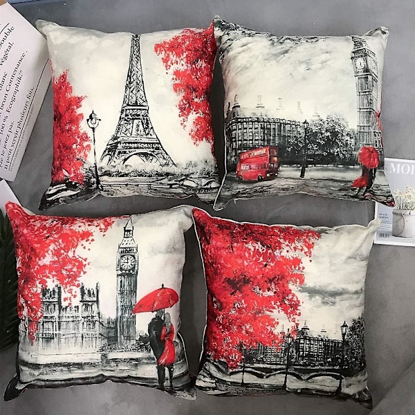 Koristetyynynpäälliset 45 x 45 cm, musta ja punainen väri, Eiffel-torni ja Big Ben -tyynyliina, koristeellinen