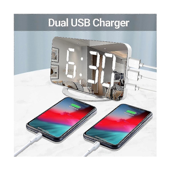 Digital Väckarklocka 7\" LED Spegel Elektroniska Klockor Med Touch Snooze Dubbel USB Laddning Skrivbord Vägg Mod