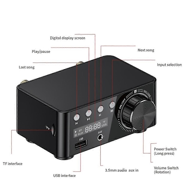 50W + 50W 100W Bluetooth 5.0 Forstærker Digital Audio Power Amp Sølvgrå
