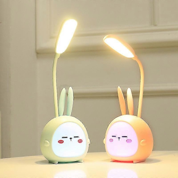 Bærbar LED Skrivebordslampe med Natlys Sød Kanin Sammenklappelig USB Opladning Læselampe til Soveværelse Børn Sengelampe Studie (grøn kanin)