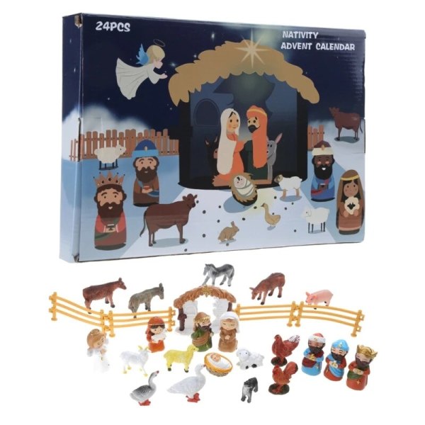 Julkrubba Adventskalender 24 Resin Miniatyrer, Helig Familj, Magi, Herde, Ängel, Får, Stall, Djur, Staket, Ideal C
