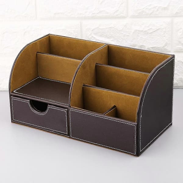 Multifunktionel læder kontor desktop organizer med 7 opbevaringsrum - Business kaffe