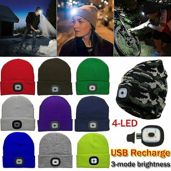 Unisex LED-mössa med USB uppladdningsbart batteri 5 timmars hög power lyser upp bästa julklappen Green camouflage