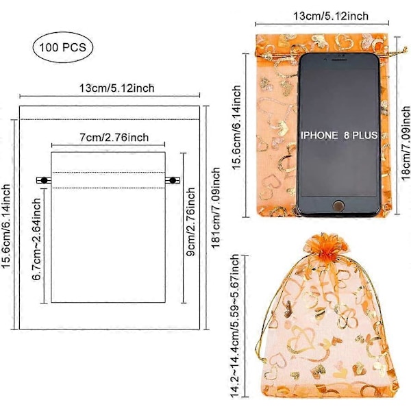 100 STK 5x7 Tommer Hjerteprintet Mørk Orange Organzaposer Smykkeposer Organza Snøreposer Bryllupsgaver Pose Slik Gaveposer