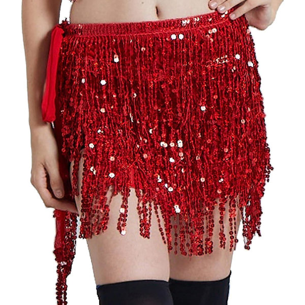 Damkjol med paljetter med tofs Glitter Magdans Hip Scarf Wrap Party Kostym Red