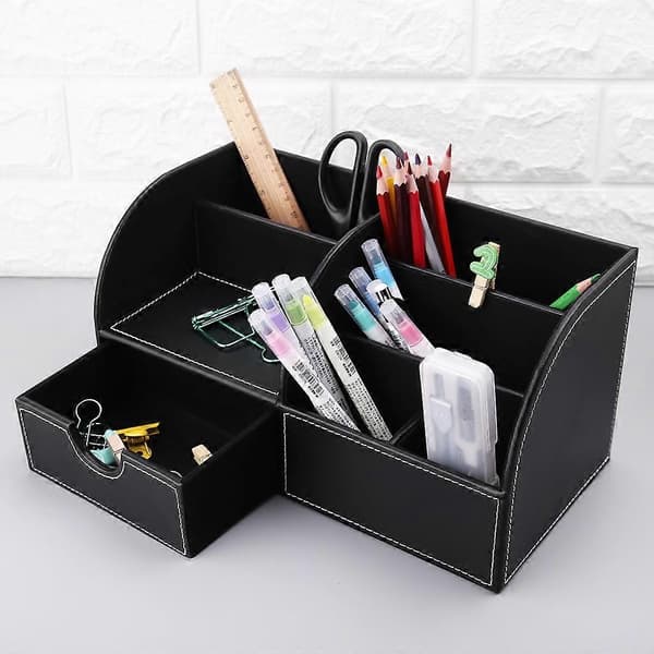 Multifunktionel læder kontor desktop organizer med 7 opbevaringsrum - Business kaffe