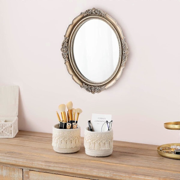 Makeup Børsteholder Organizer Kam Børster Mini Opbevaringskurv Sæt med 2 Boho Dekor Kurve, HVID
