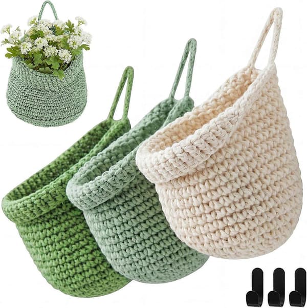 Boho inredning hängande väggkorgar för kök 3-pack korgar med krokar förvaring green