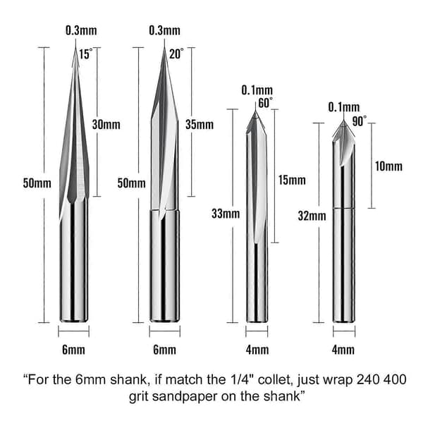 CNC Router Bits Sæt 1/4 Skaft, Gravering Træskærer Router Bit 6mm & 4mm, V-Groove, Profil Bit, T