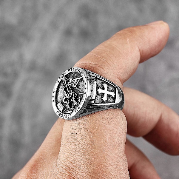 Arkängeln Mikael Exorcism Ring i Rostfritt Stål för Män Punk Amulet för Pojkvän Smycken Kreativitet Present