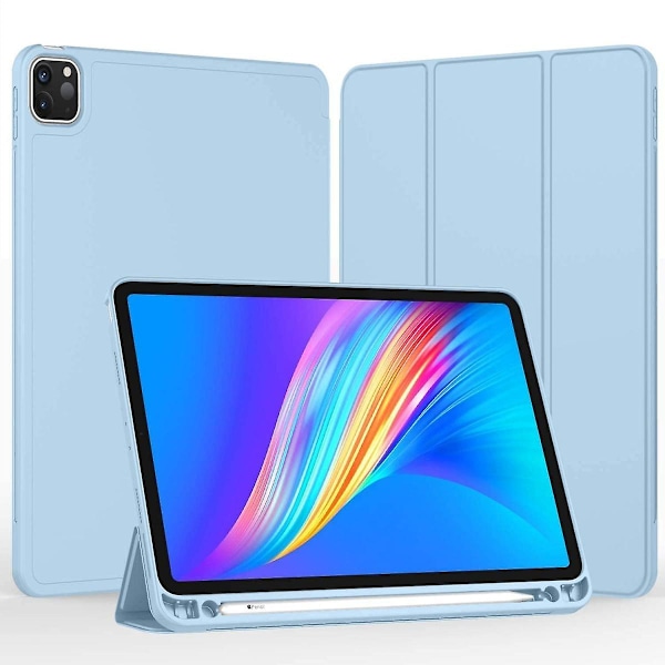 iPad Pro 12.9 tommer 5. generasjon / 4. generasjon (2021 og 2020) Kompatibelt Smart Sleep-modus Penneholder PU Lærbelagt Premium Nettbrettdeksel (Lyseblå)