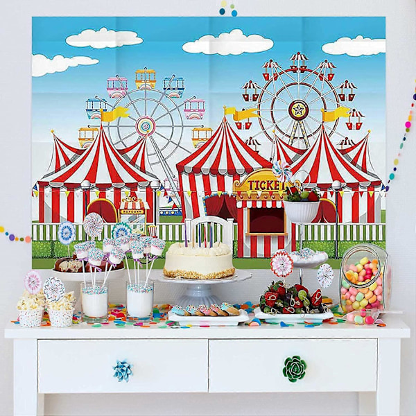 2,1x1,5m Röd Cirkus Bakgrund Nöjespark Tält Stratus Lekplats Karneval Karusell Barn Pojke Flicka 1:a Första Födelsedagsfest Banner Bakgrund Foto