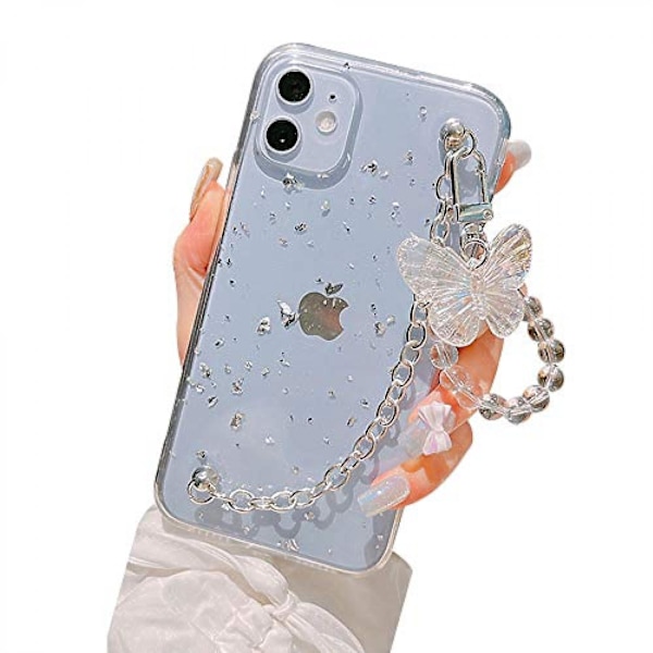 Flicka Kvinnor Vackert Guld Folie Guldblad Transparent TPU Telefonfodral + Metallarmband Kedja + Fjärilshalsband, Fullständigt Skydd för iPhone XS Max||silve