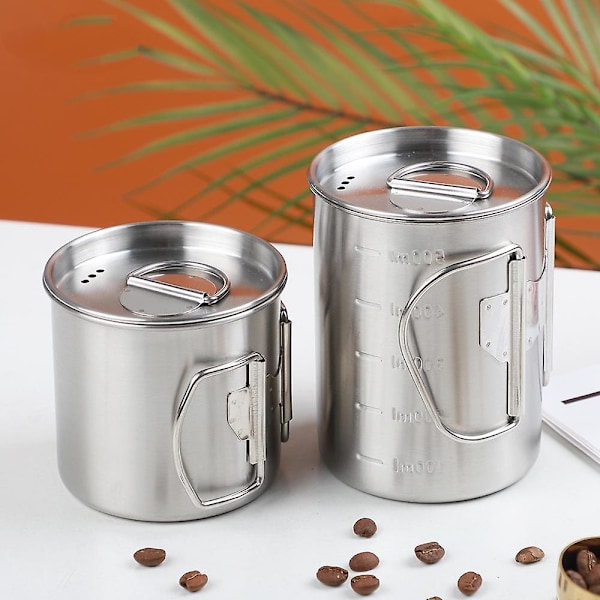 JUSCH Utomhus camping rostfritt stål mugg camping servis vattenmugg med lock picknickmugg kokande vatten bergsklättring hopfällbar mugg äkta färg 500ml(WZ