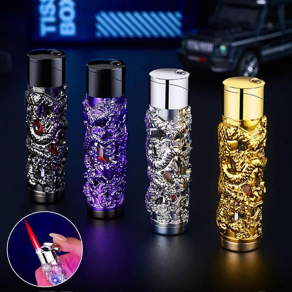 Mode Drager Relief Lighter Høj Æstetisk Unik Butan Lighter med LED Lys Gave til Mænd Kvinder Glod
