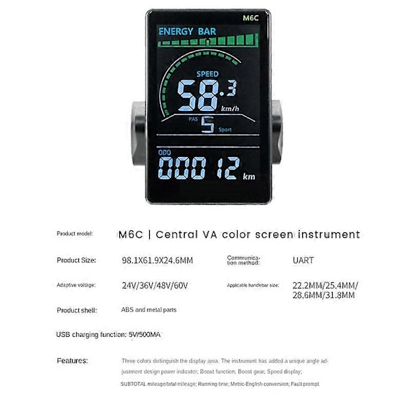M6C Elektrisk Cykel LCD Display Mätare 24V-60V E Scooter LCD Panel Färgskärm med USB för Mountain E