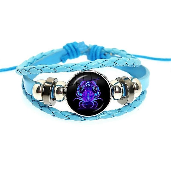 Modearmband med 12 stjärntecken - Personlighet - Blått rep i läder - Vävt armband - Knapp - Glascabochon - Armbandstillbehör - Present