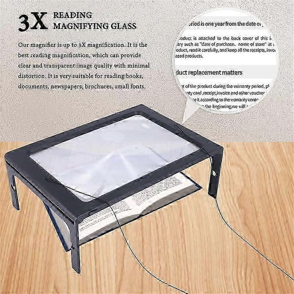 3X Förstoringsglas i Fullformat, Handsfree Rektangulär Förstorare med LED-belysning, Vikbar Des