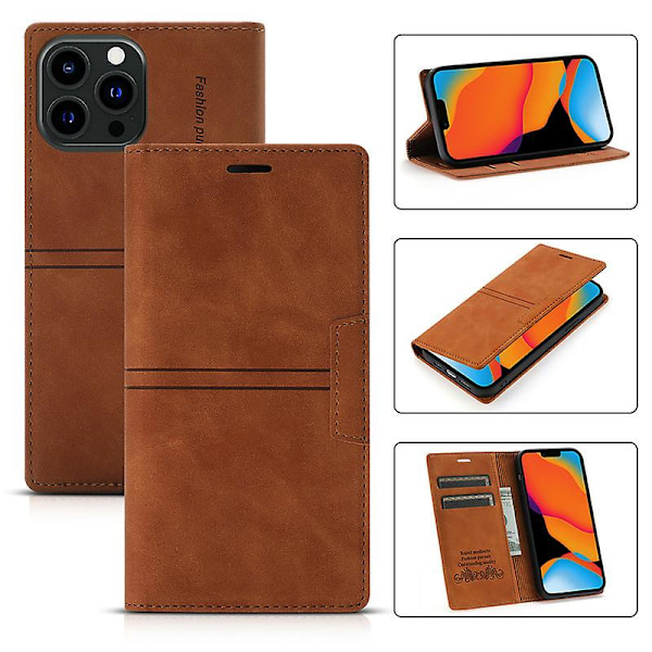 Etui til iPhone 13 Pro Max med kortholder, brunt PU læder etui, flip wallet til Apple iPhone 6.7 tommer