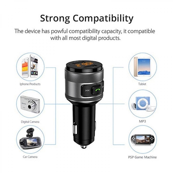 Bluetooth FM-sändare för bil, Bilradio Bluetooth-adapter Musikspelare Kit, Stöd QC3.0 USB-laddning, Handsfree-samtal, SD-kort/U-disk
