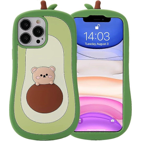 iPhone 14 Pro Avokado-kuori, 3D Söpö Sarjakuva Lasten Tyttöjen Naisten Kawaii Ihana Karhu Avokado Muotoinen Pehmeä Silikonikuori