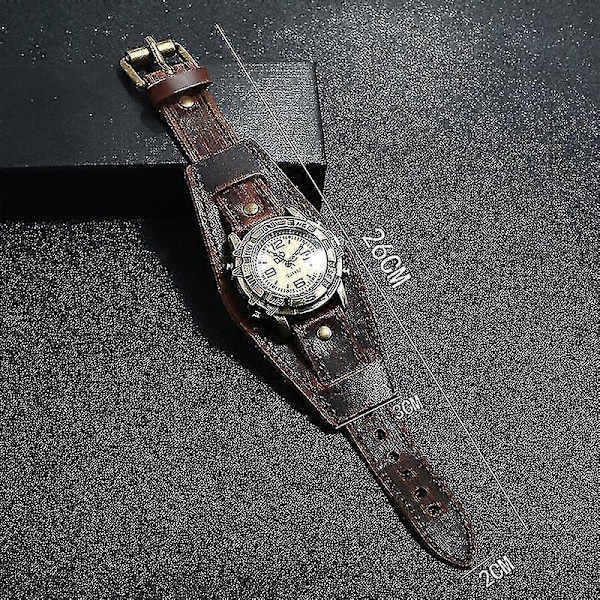 Unisex Punk Retro Bronze Rund Urskive Brun Bred Læder Bælte Rem Manchet Armbånd Romertal Analog Quartz Armbåndsure