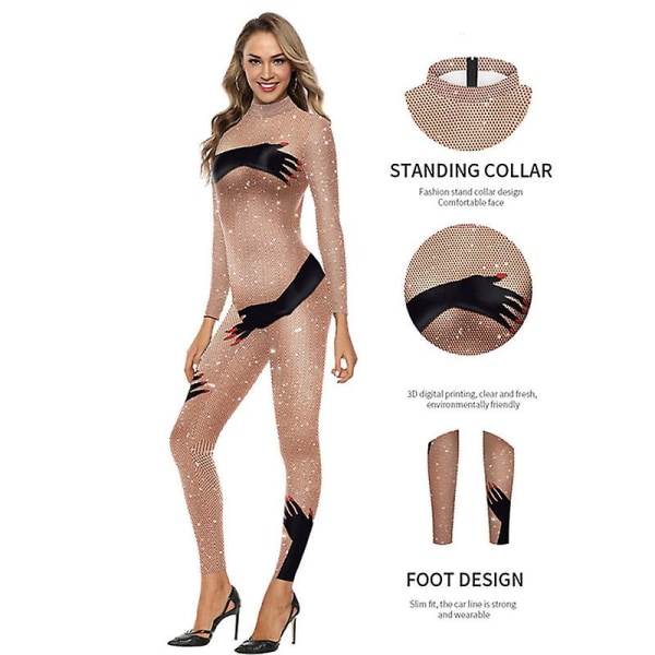 Womens Hi-neck Halloween Hand Print Bodycon Jumpsuits Fullbody Unitard XL