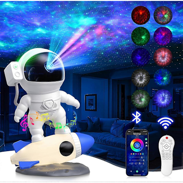 Astronautti Galaxy Projektori, Tähtisumun Projektori Rakettilampulla, Yövalot LED Tähtiprojektori Makuuhuoneeseen, Kaukosäädin, Valkoiset Äänet, Bluetooth