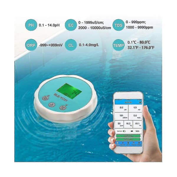 6-i-1 Vannkvalitetsdetektor Ph Ec Tds Orp Temperatur Klor App-display Svømmebasseng Bluetooth